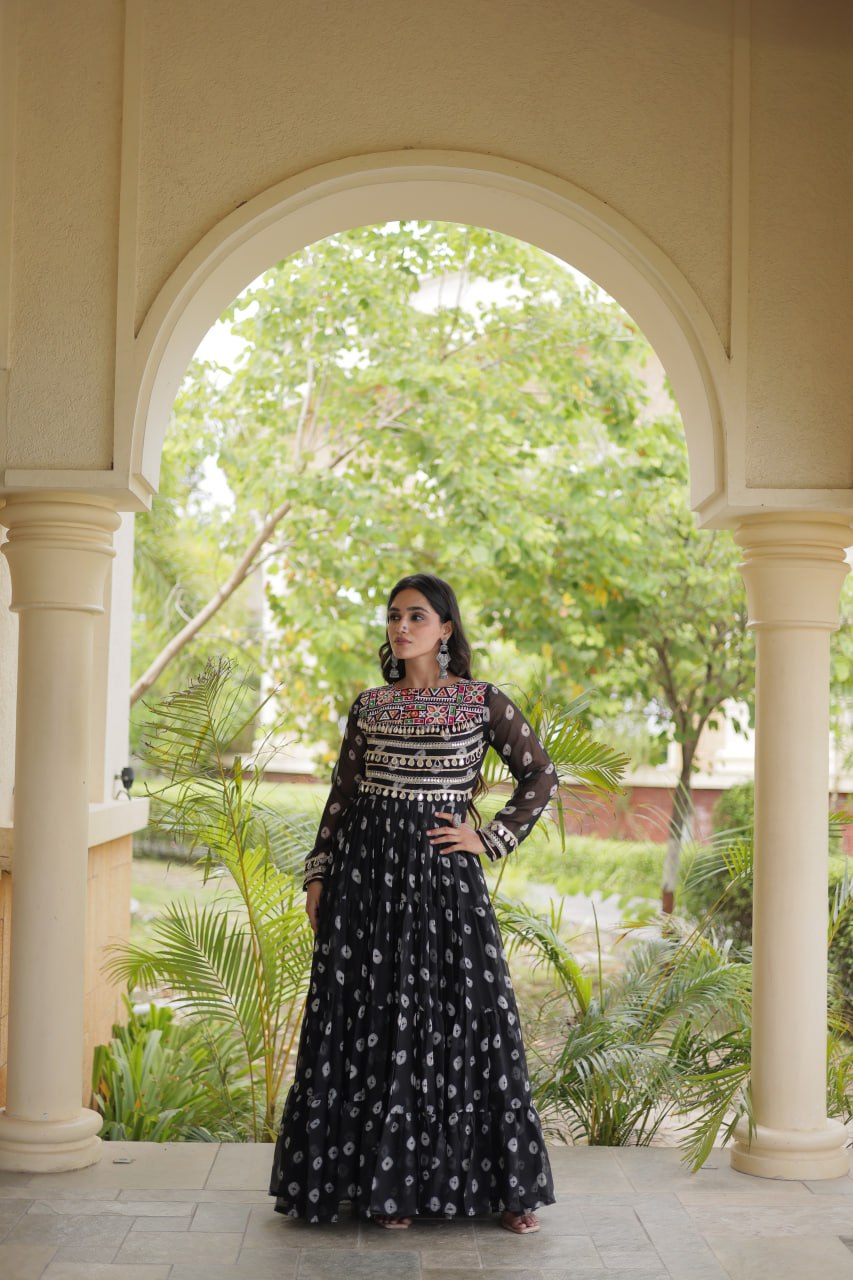 Lavanya Black Faux Georgette Bandhani Kutchi Patchwork Gown