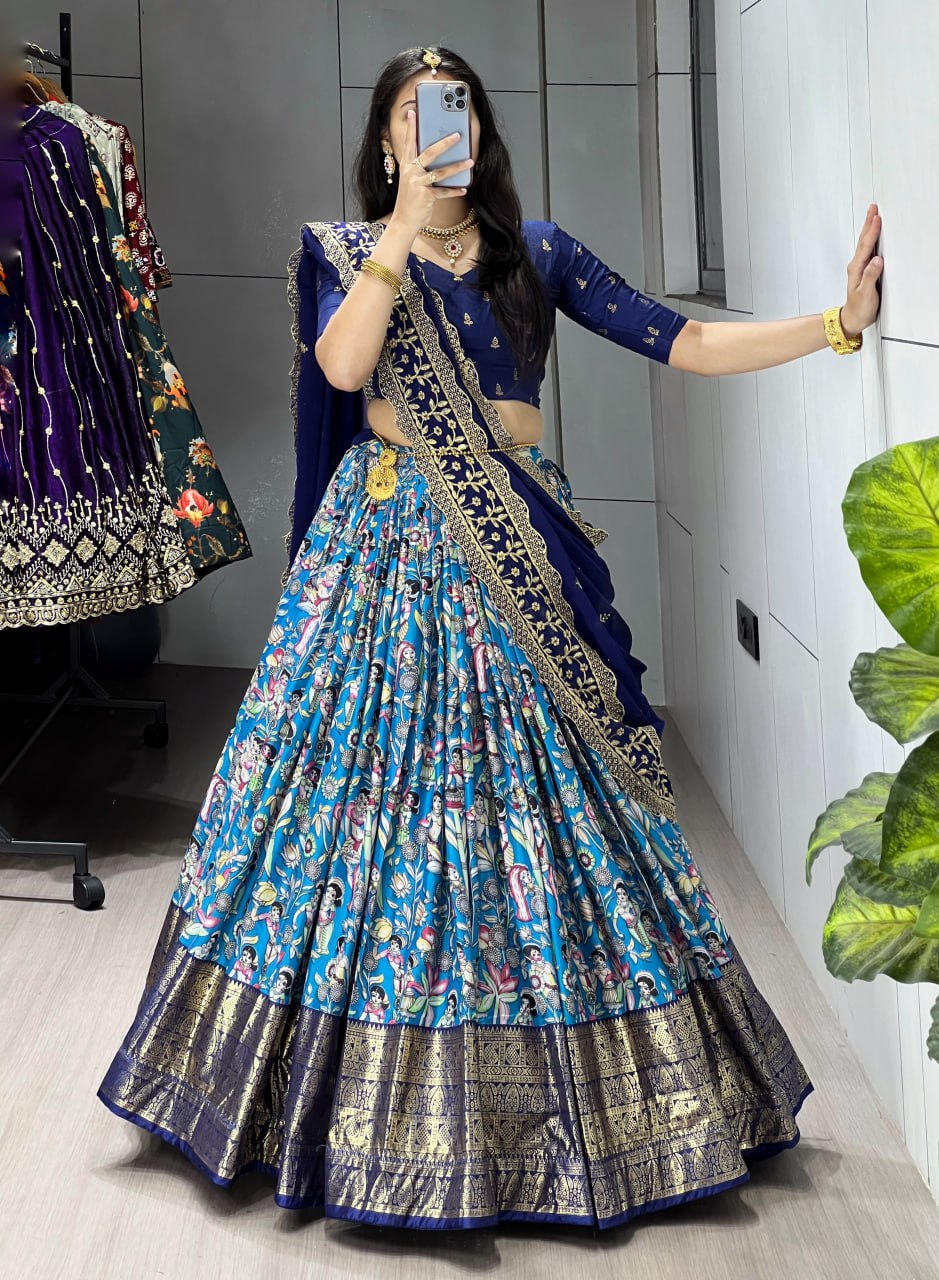 Blue Color Kalamkari Soft Dola Silk Half Saree Lehenga with Embroidered Dupatta