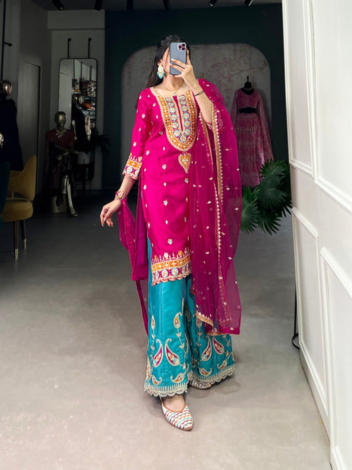Anuttara pink embroidered silk kurti sharara set