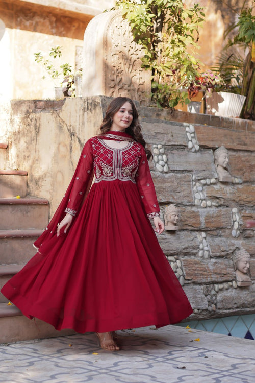 Chamvika Maroon Embroidered Gown Set with Dupatta – long gown for women, party wear gown for wedding, Indian gown for women, maroon gown for engagement, full sleeve ethnic gown, designer gown with dupatta, sequin gown for festival, traditional wear for women, Indo western gown online, stylish Indian dress for sangeet function, ready-to-wear ethnic gown for women.