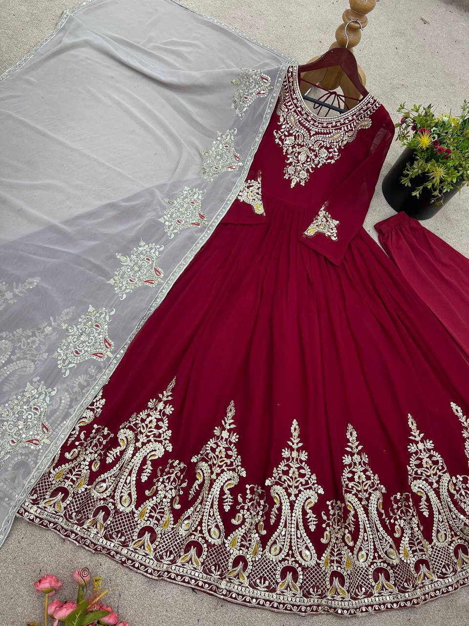 Tejvini Maroon Georgette Embroidered Gown with Dupatta