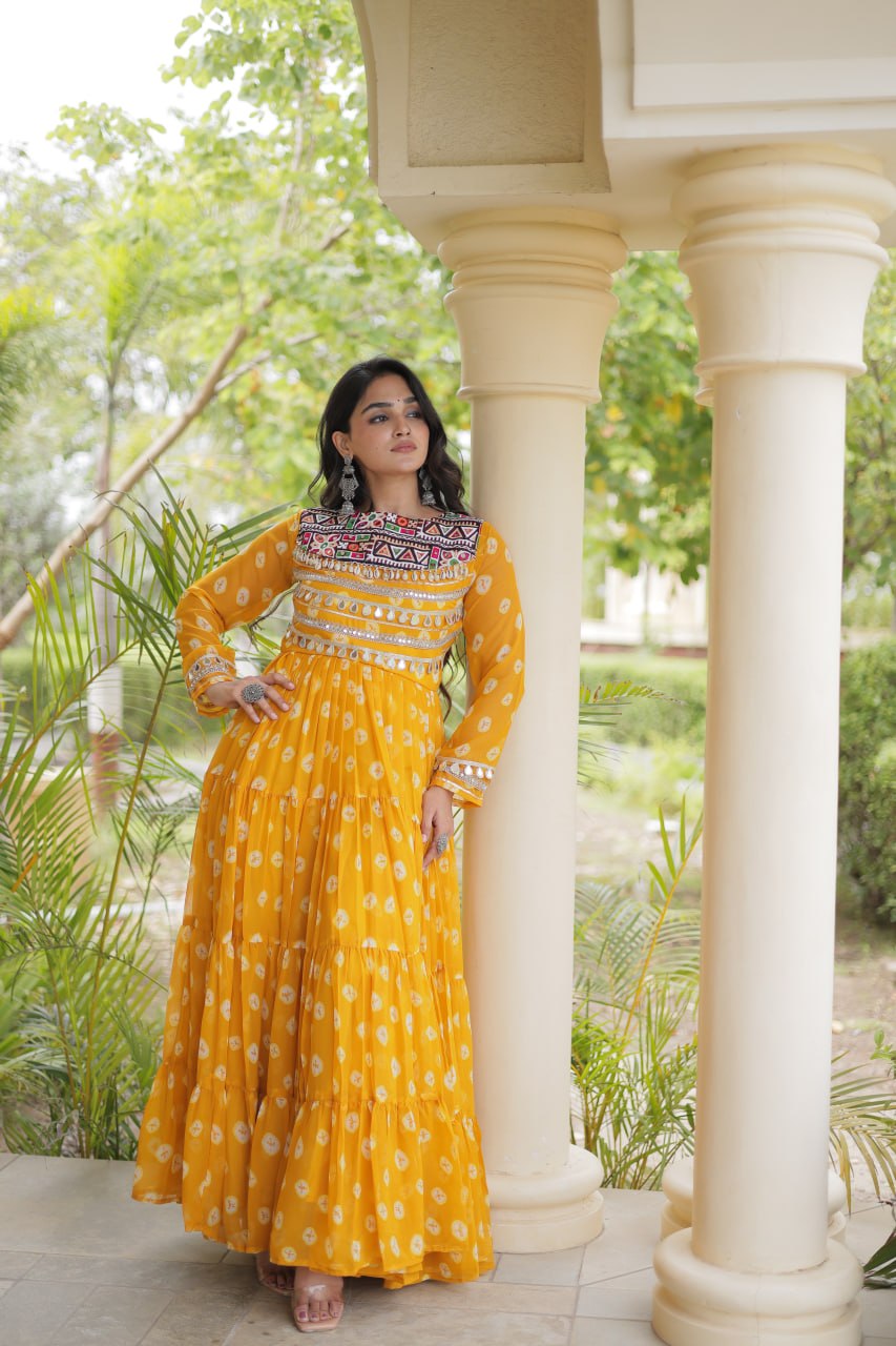 Lavanya Yellow Faux Georgette Bandhani Kutchi Patchwork Gown