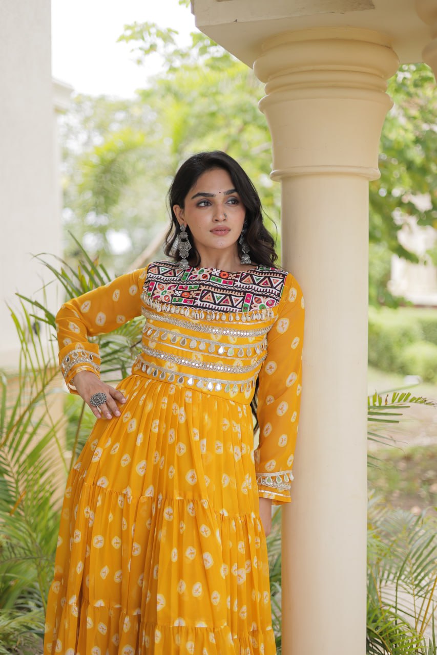 Lavanya Yellow Faux Georgette Bandhani Kutchi Patchwork Gown