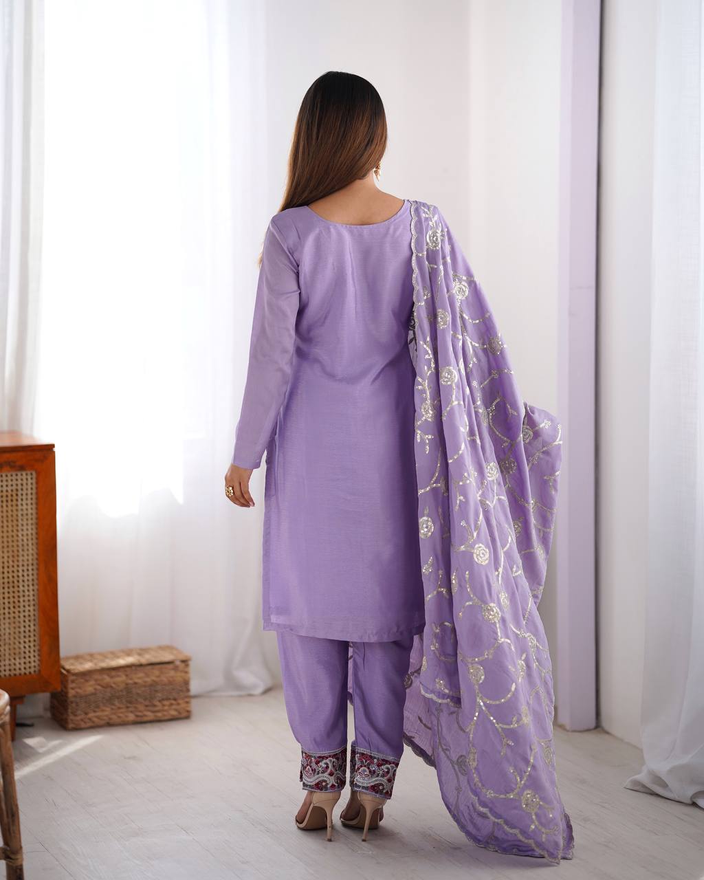 Purple Chinon silk kurti set with sequin thread work, a fully stitched kurti set online with 3XL margin—perfect festive wear for women by Trinaari.