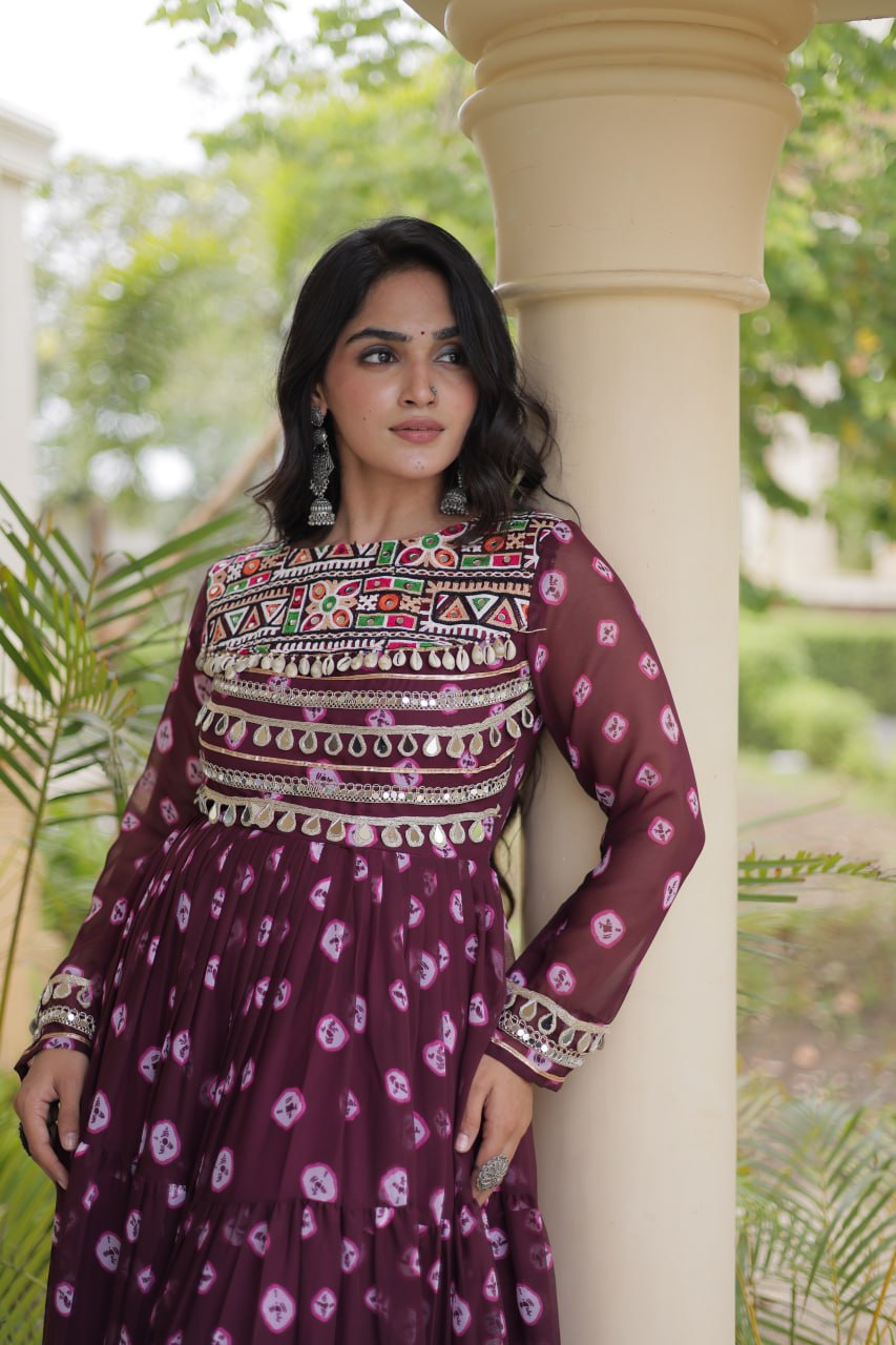 Lavanya Purple Faux Georgette Bandhani Kutchi Patchwork Gown