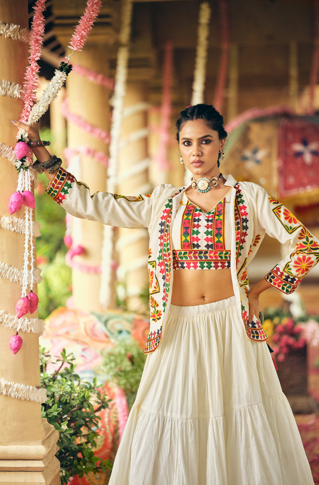 Off-White Pure Cotton Embroidery Work Lehenga Choli with Koti