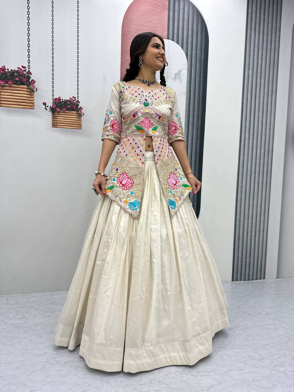 Neerja Off-White Color Cosmos Silk Embroidery Sequence Work Crop Top Lehenga Choli