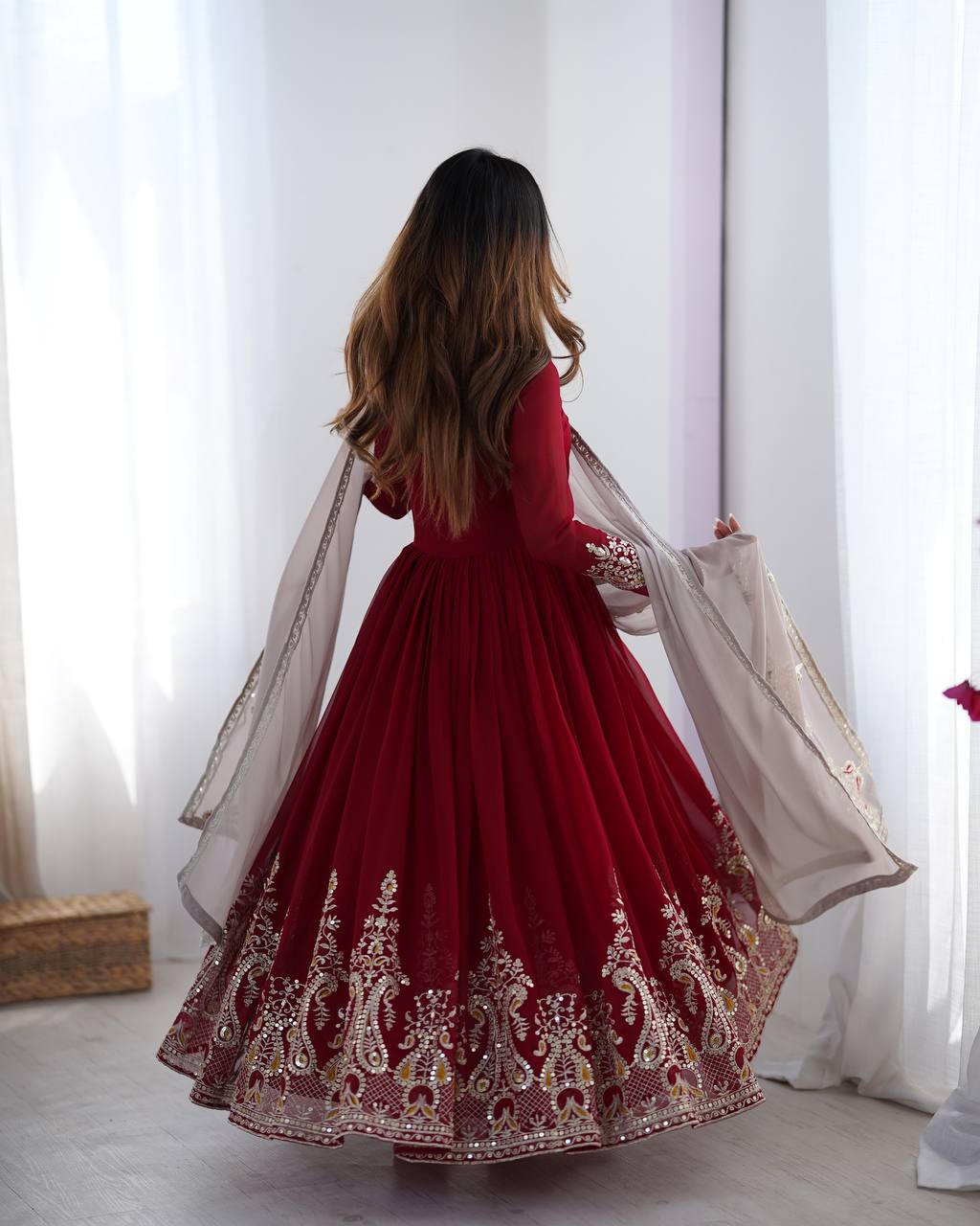 Tejvini Maroon Embroidered Gown Set – heavy georgette gown with multi-thread 5mm sequin embroidery, full sleeves, soft micro cotton lining, paired with matching maroon embroidered dupatta and stitched cotton bottom – ideal for weddings, festive events, and reception looks.