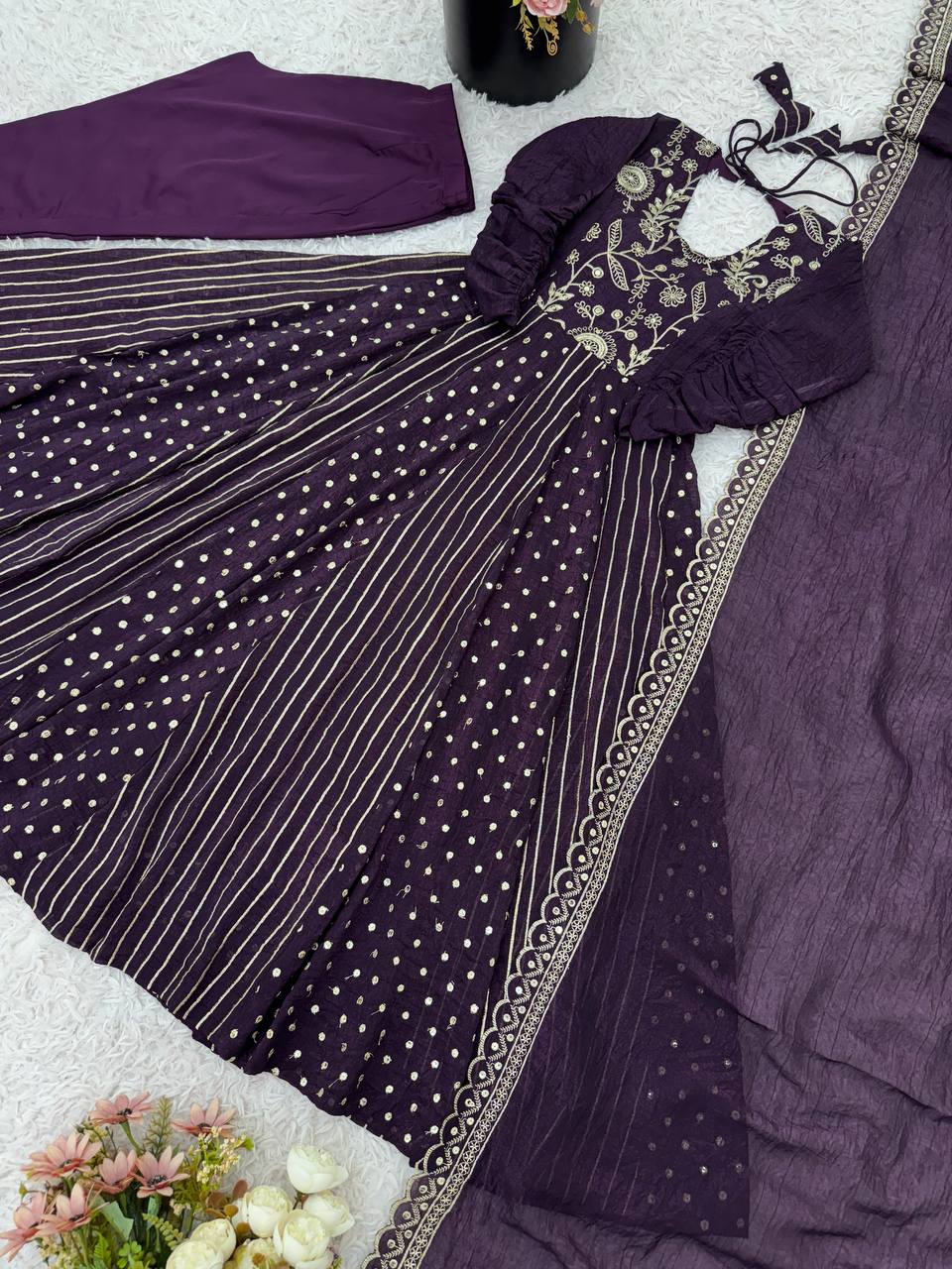 Purple Crunchy Silk Embroidered Anarkali Suit Set