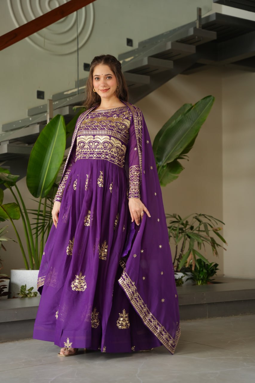 Purple Chinnon gown set with multi-colored sequins and beads embroidery, full sleeves, and matching embroidered dupatta – ideal for festive and wedding occasions