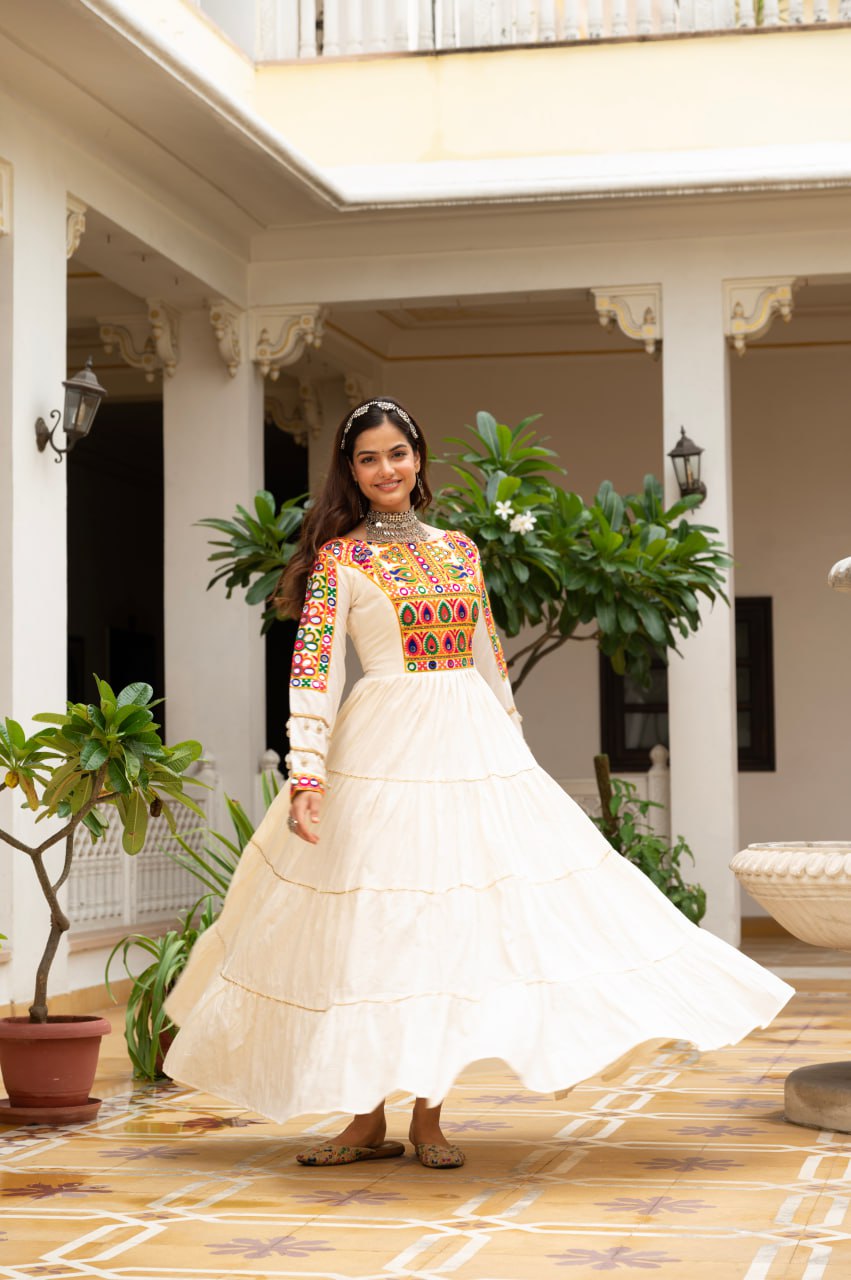 Off-White Kora Cotton Kutchi Gamthi Mirror Work and Kodi Lace Gown