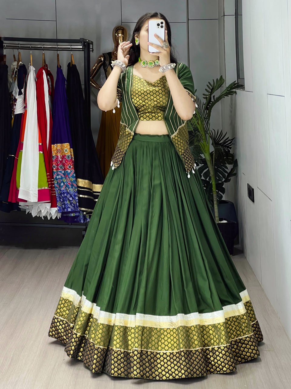 Green Color Pure Rayon Plain Butti Silk Work Lehenga Choli with Gota Patti Koti