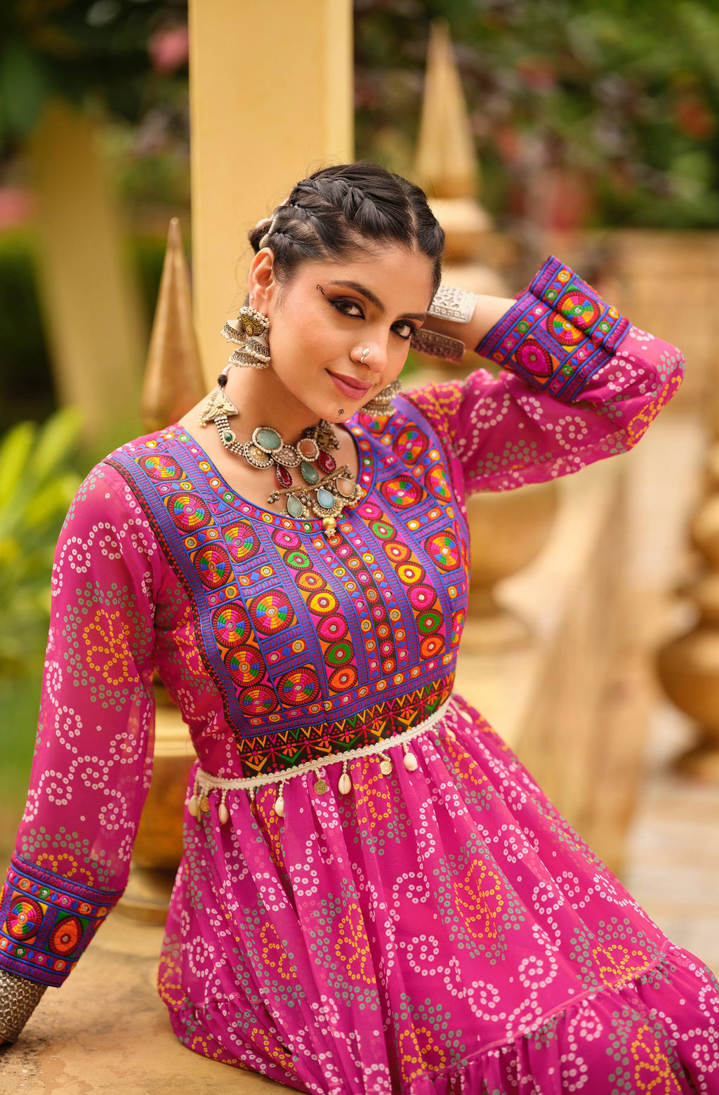 Pink Faux Georgette Gamthi Jacquard Weaving Lace Border Three Layer Ruffle Flair Gown