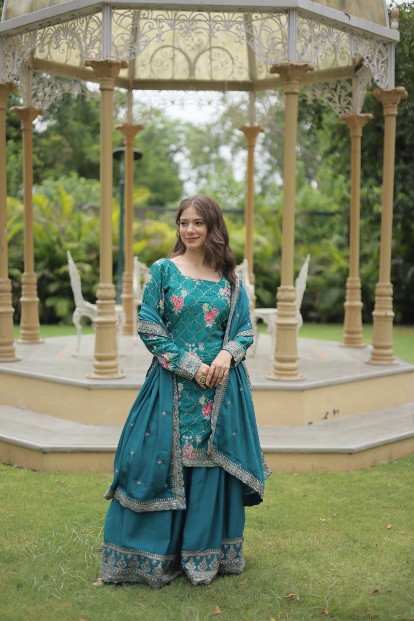 Medhasvi Teal Chinon Embroidered Kurti Sharara Set