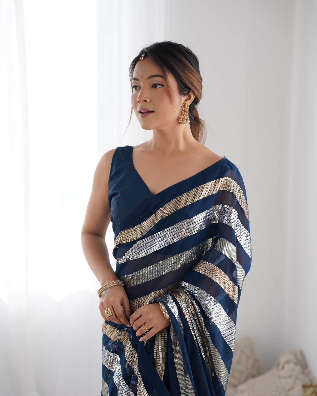 Kira Navy Blue Sequin Embroidery Georgette Saree