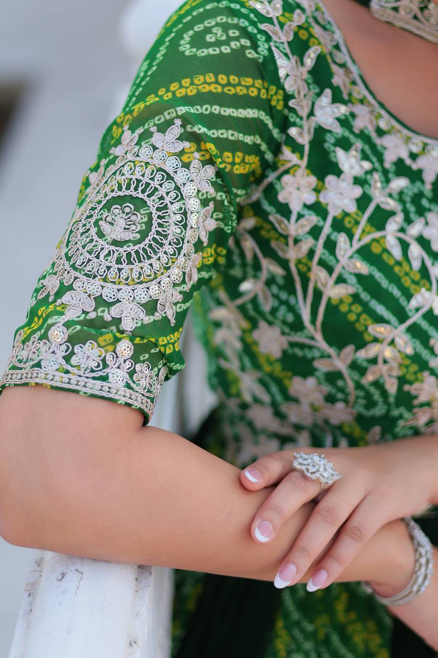 Saanvi Pure Bandhej Georgette Embroidered Gown Set