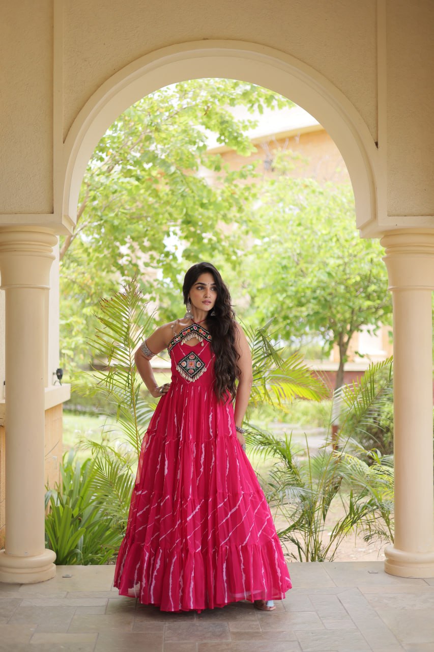Bhavna Pink Faux Georgette Laheriya Kutchi Patchework Gown