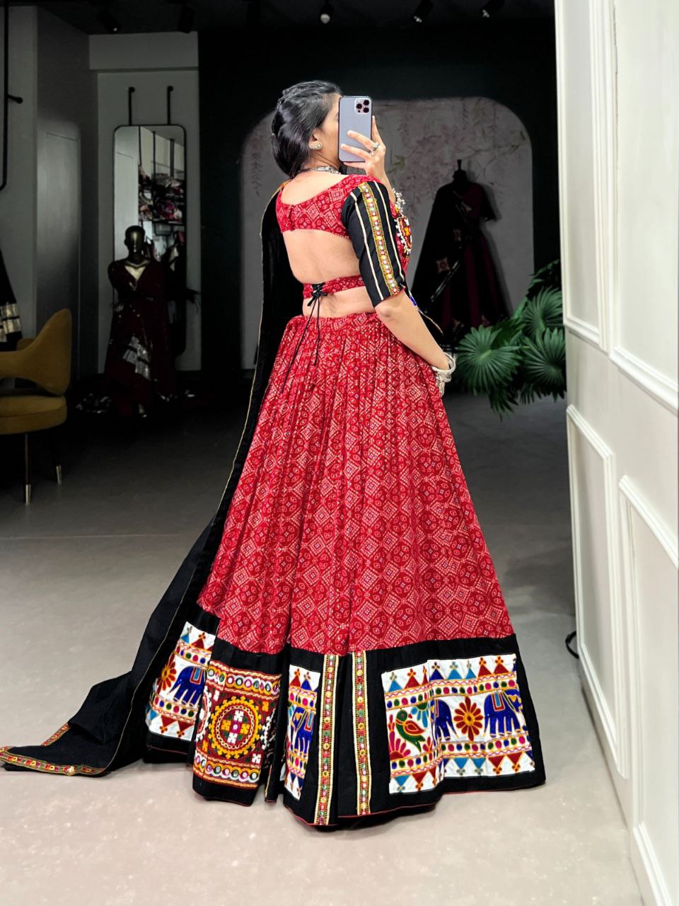 Black Pure Rayon Gamthi Mirror Work Navratri Lehenga Choli
