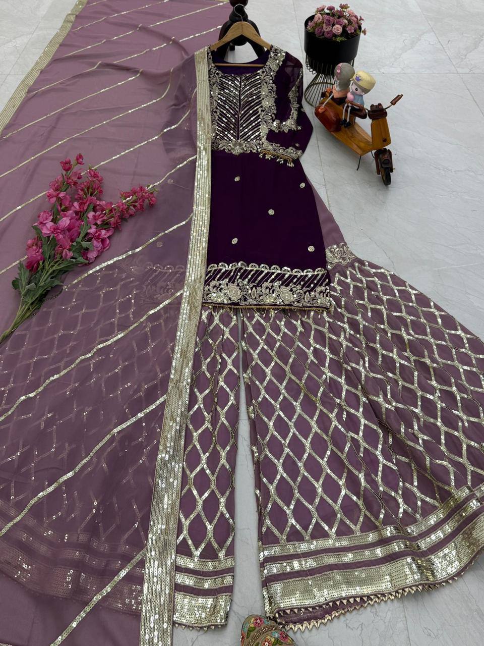Purple fox georgette embroidered heavy sequence work kurti palazzo set