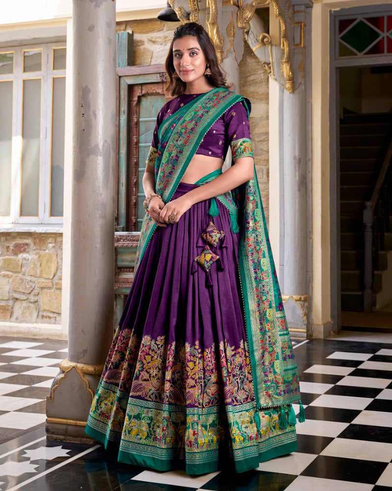 Purple Silk Printed Foli Work Semi-Stitched Half Saree Lehenga