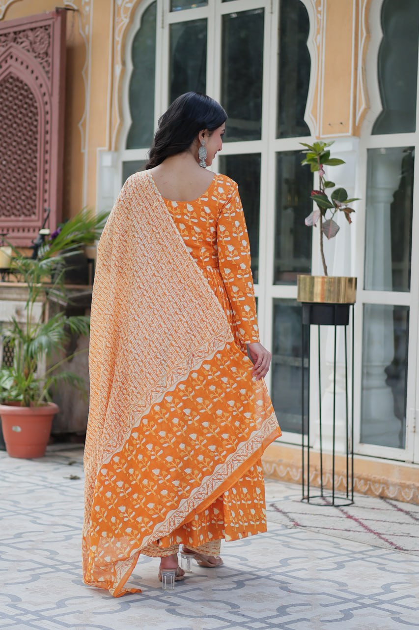Ridhvini Orange Pure Cotton Printed Anarkali Set