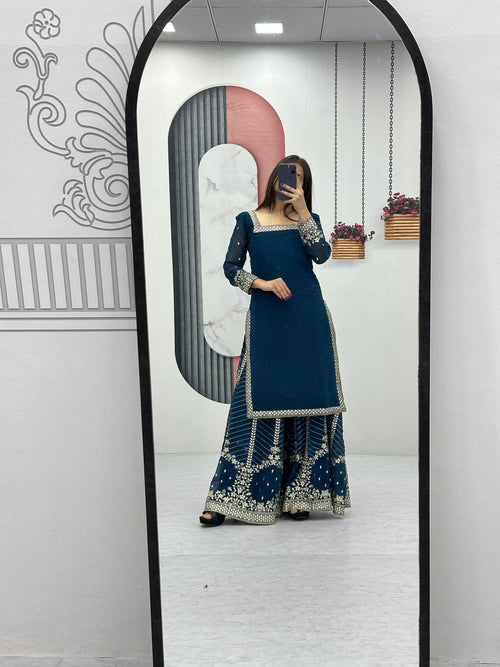 Aroa blue fox georgette kurti palazzo set with embroidery sequence work