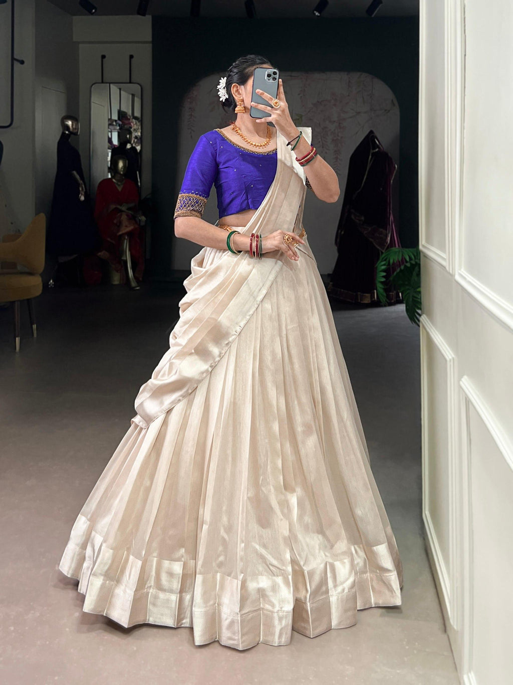 Off White Poly Tasar Viscose Border and Bead Work Traditional Lehenga Choli