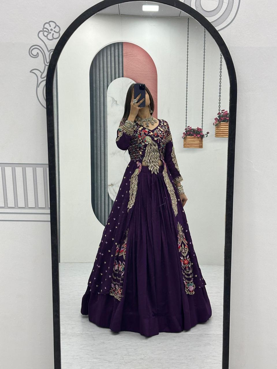 Mani purple Vichitra silk crop top peacock design lehenga with embroidered shrug