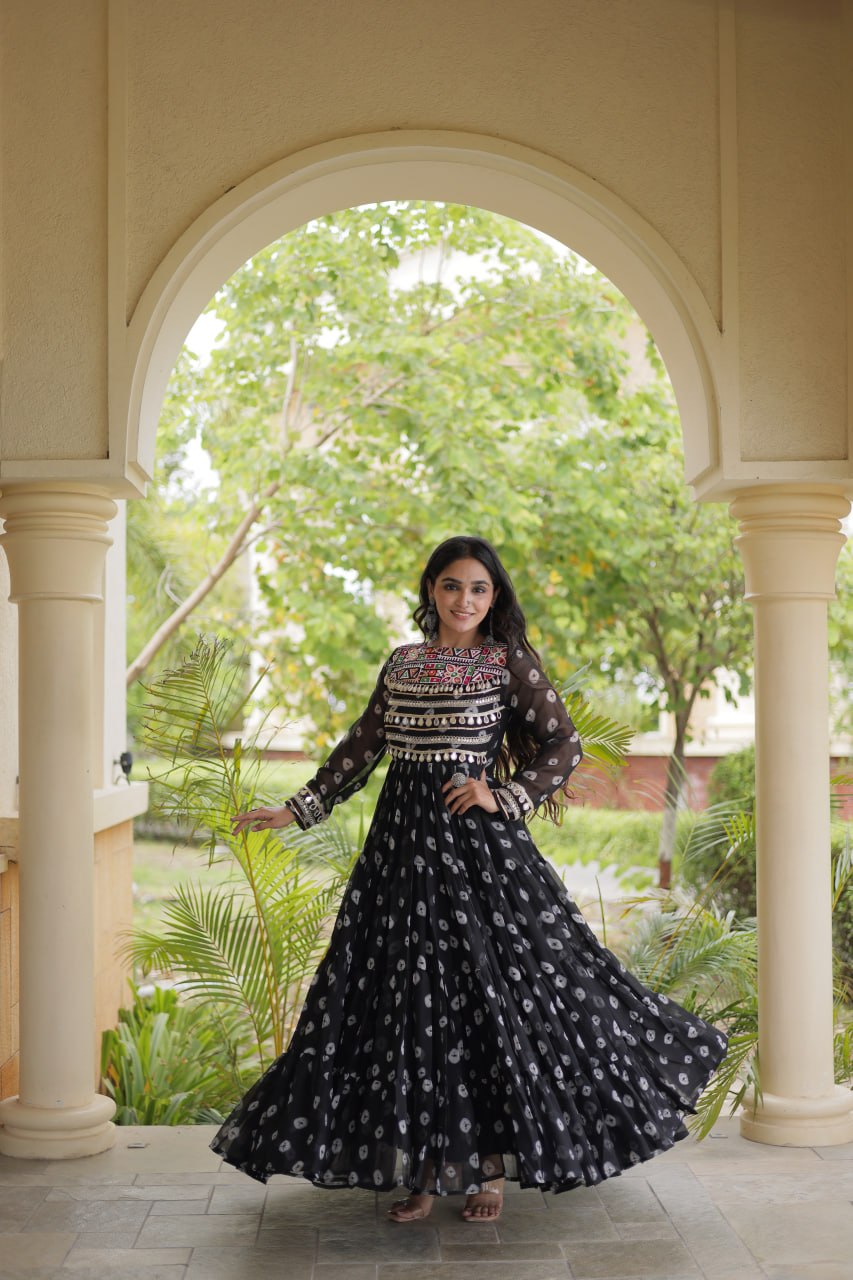 Lavanya Black Faux Georgette Bandhani Kutchi Patchwork Gown