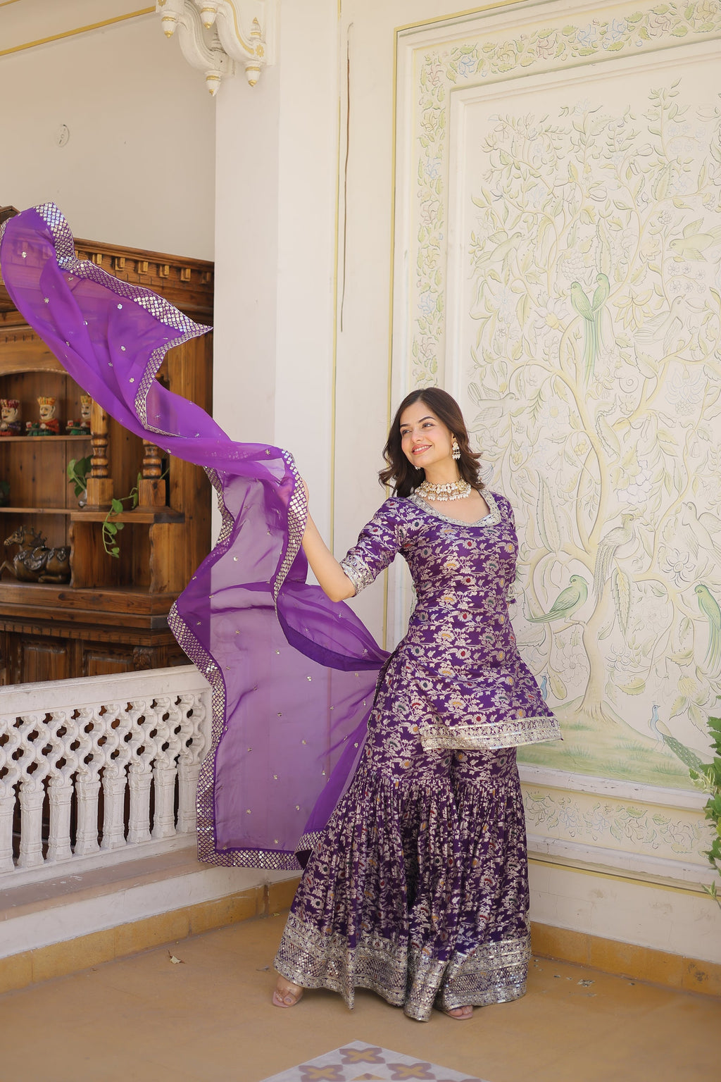 Krishnapriya Wine Viscose Embroidered Kurti Gharara Set