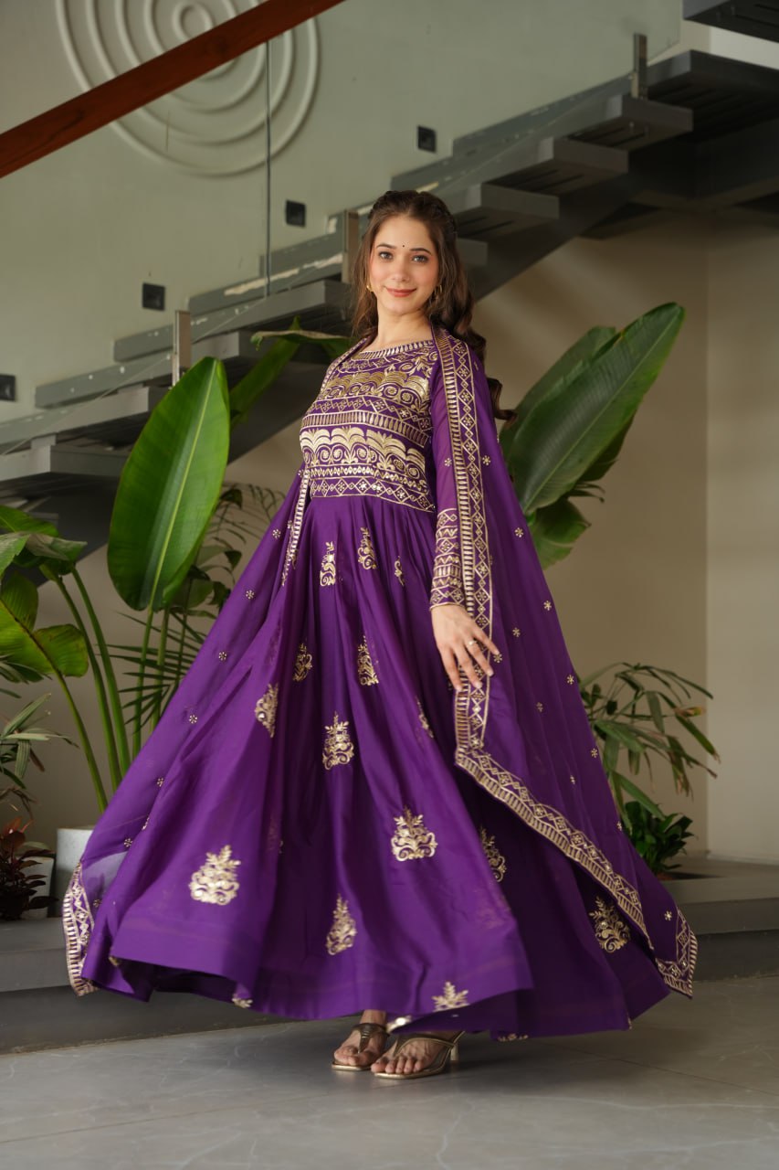 Purple Chinnon gown set with multi-colored sequins and beads embroidery, full sleeves, and matching embroidered dupatta – ideal for festive and wedding occasions