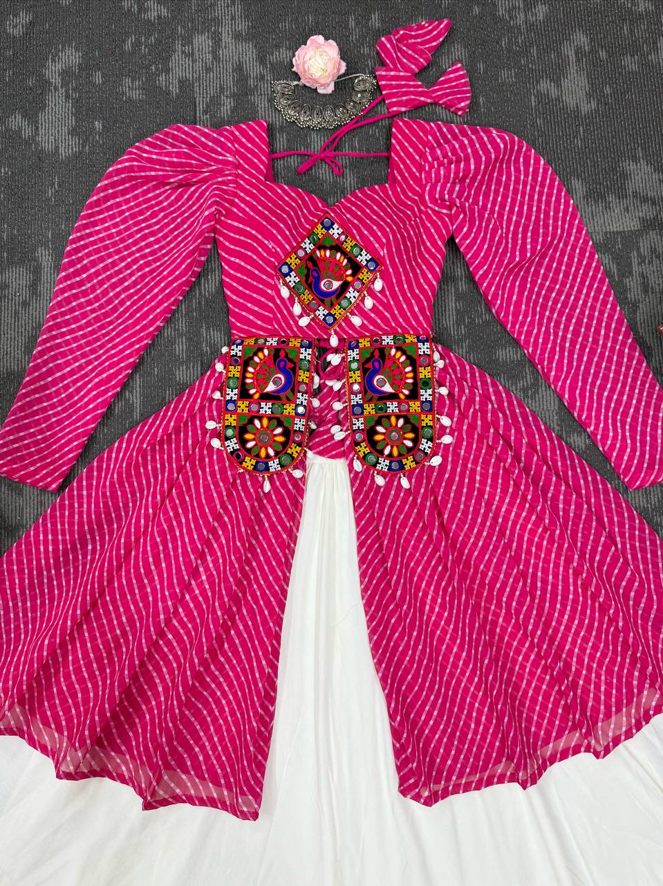 Pink Georgette Top with Digital Print and Thread Work Butter Silk Gota Patti Work Lehenga