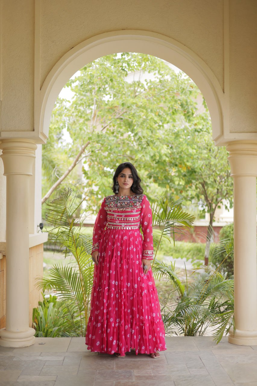 Lavanya Pink Faux Georgette Bandhani Kutchi Patchwork Gown