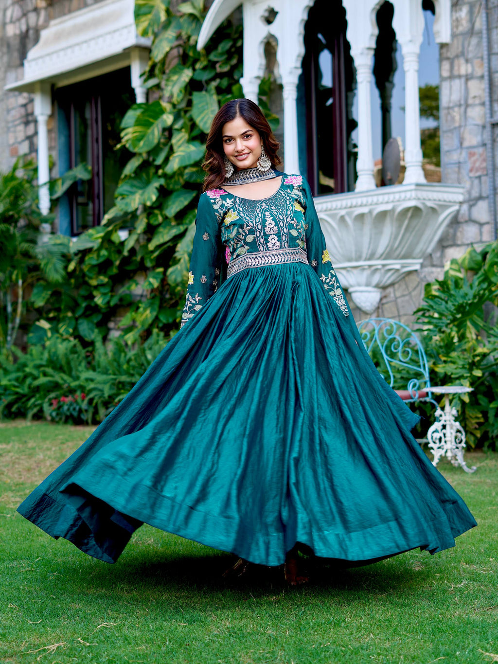 Dipa Teal Blue Color Fendy Silk Embroidery Sequins Thread Work Gown with Dupatta