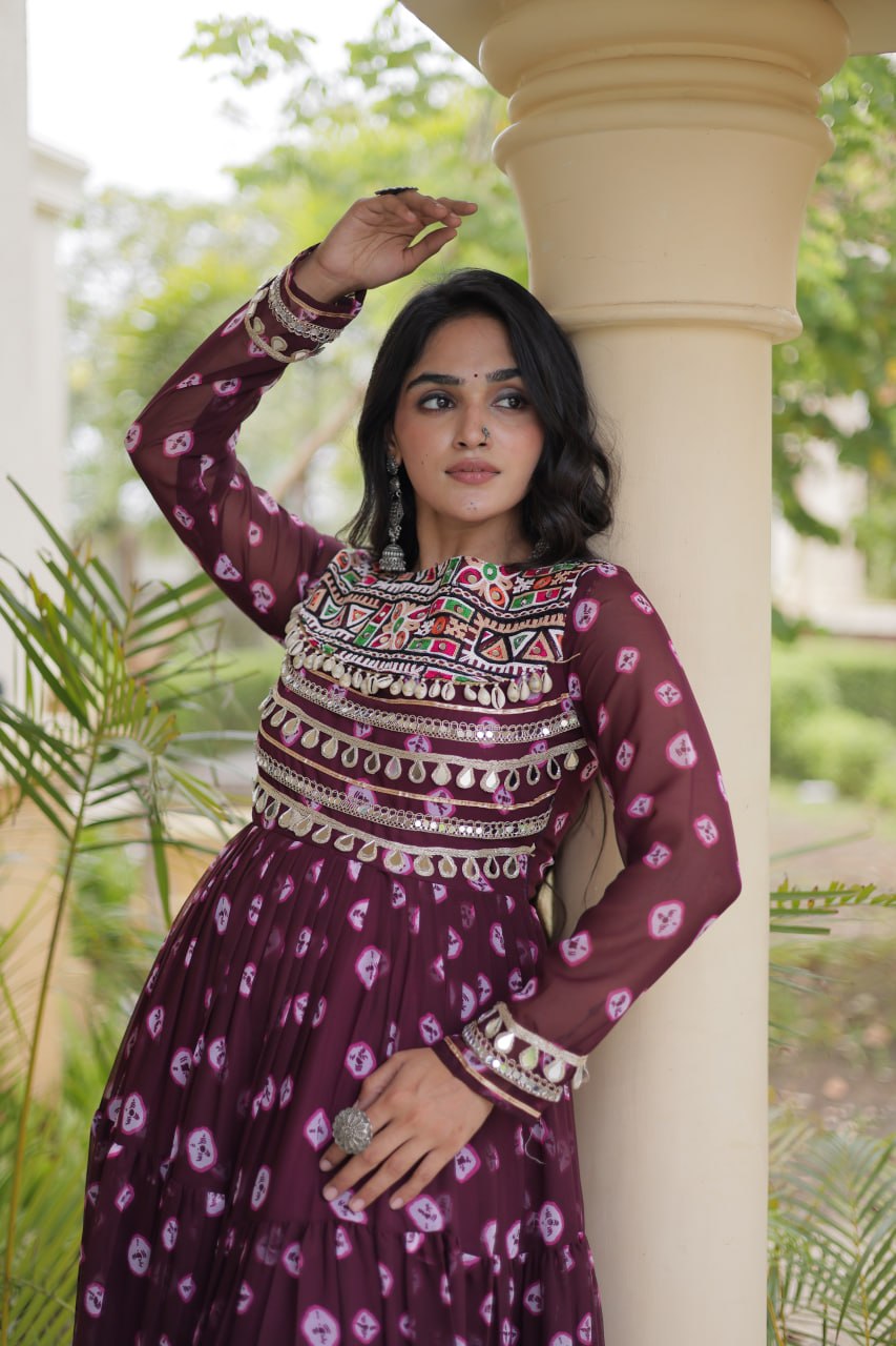 Lavanya Purple Faux Georgette Bandhani Kutchi Patchwork Gown