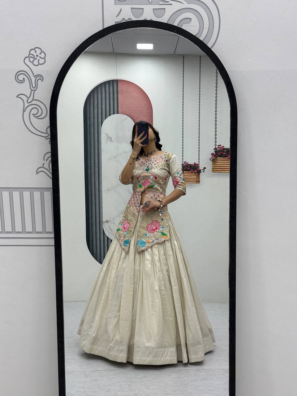 Neerja Off-White Color Cosmos Silk Embroidery Sequence Work Crop Top Lehenga Choli