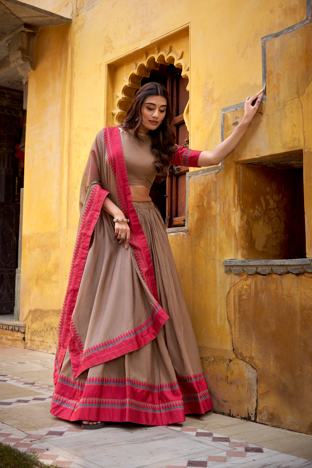 Swastika light brown pure Chanderi thread work half saree lehenga