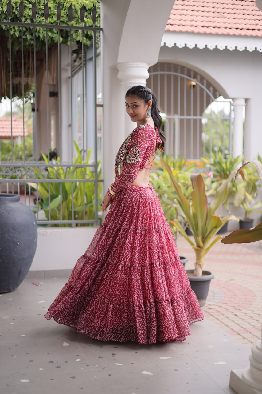 Anjali Brown Faux Georgette Bandhani Kutchi Patchework Lehenga