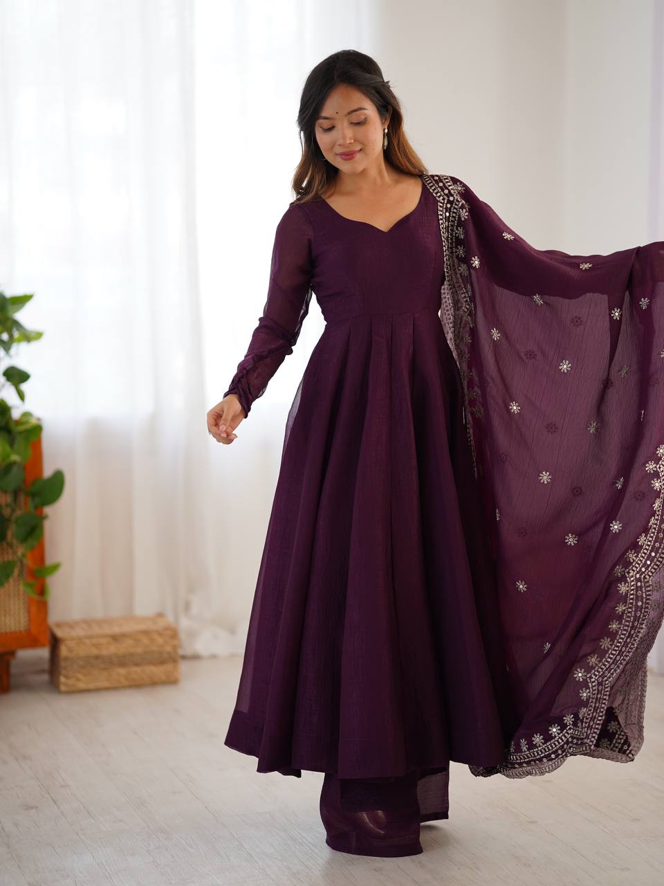 Tiya purple Fandy Silk Anarkali suit with 4.5-meter flair, full sleeves & embroidered dupatta – stitched & ready for weddings, parties & festive wear.