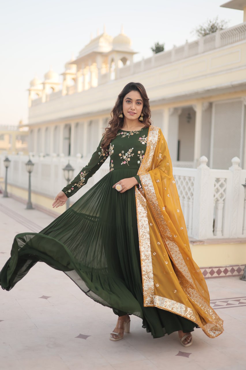 Satyabhama green georgette anarkali gown set