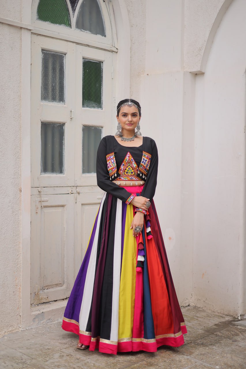Multicolor Pure Rayon Navratri Lehenga Choli with Koti Style Blouse