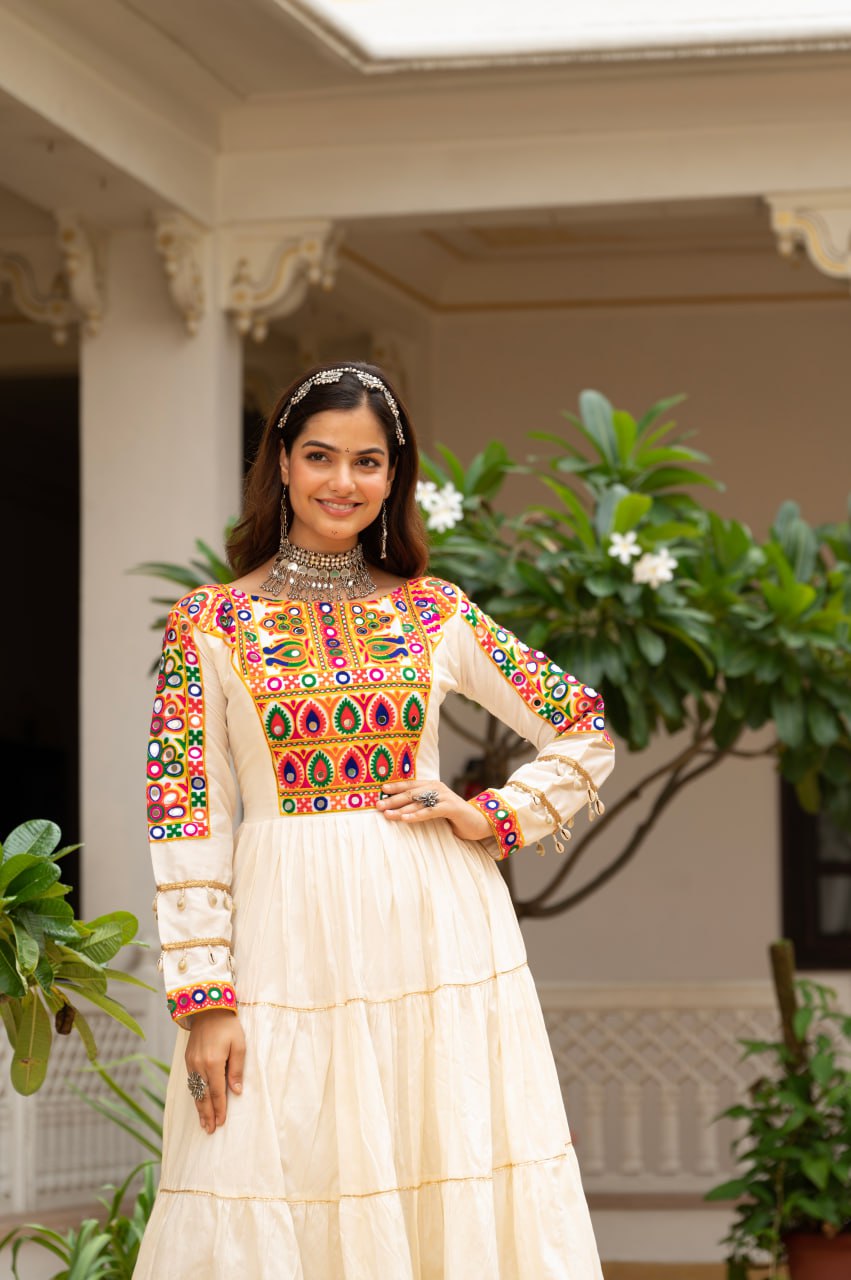 Off-White Kora Cotton Kutchi Gamthi Mirror Work and Kodi Lace Gown