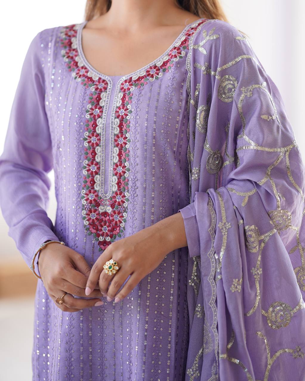 Purple Chinon silk kurti set with sequin thread work, a fully stitched kurti set online with 3XL margin—perfect festive wear for women by Trinaari.