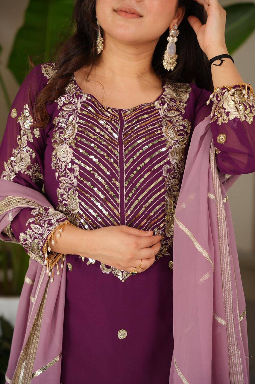 Purple fox georgette embroidered heavy sequence work kurti palazzo set