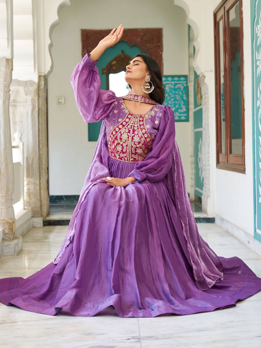 Ritu Purple Color Fendy Silk Sequins Thread Embroidery Work Gown with Dupatta