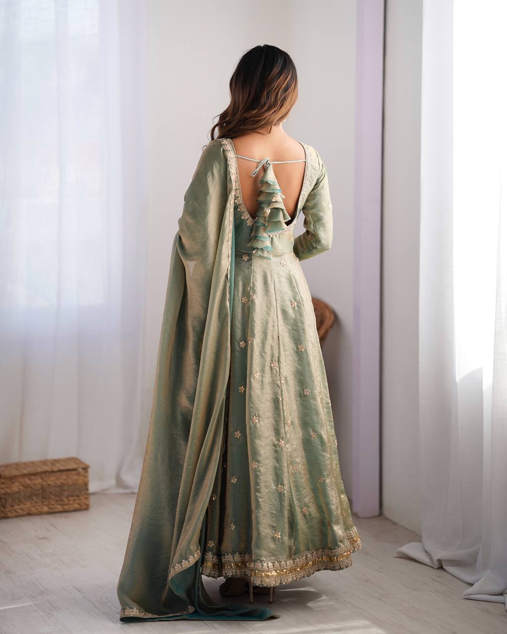 Neelika Sage Green Anarkali Suit Set – designer anarkali suit for women, green ethnic suit set, sequin embroidered gown dress, plus size Indian wear, traditional Indian outfits, wedding guest suit set, long anarkali gown with dupatta, stitched anarkali for party wear, green gown for haldi mehendi, readymade Indian suits for women.