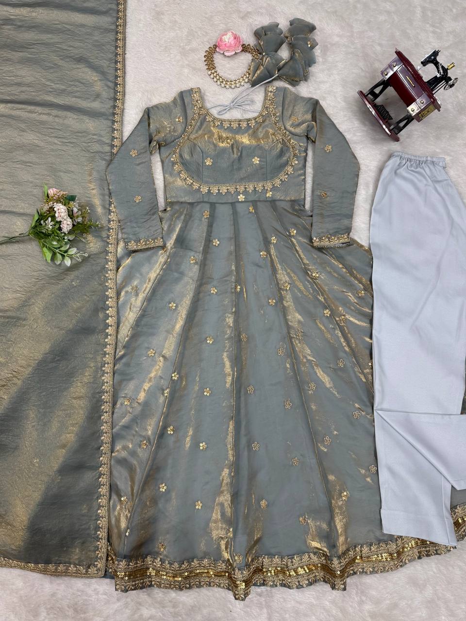 Neelika Grey Anarkali Suit Set – grey designer Anarkali suit for women, embroidered gown with dupatta, plus size ethnic wear, Fandy silk partywear Anarkali, traditional Indian gown set, ready to wear festive outfit, sequin and coding embroidery suit, fully stitched Anarkali gown, wedding guest ethnic dress, elegant Indian party gown for Mehendi and Sangeet.
