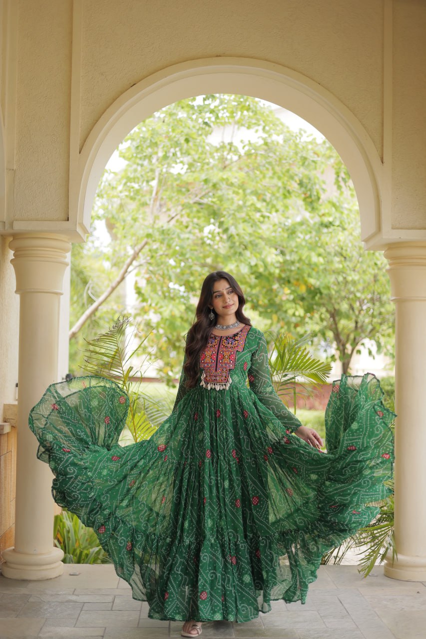 Ira Green Faux Georgette Bandhani Kutchi Patchwork Gown