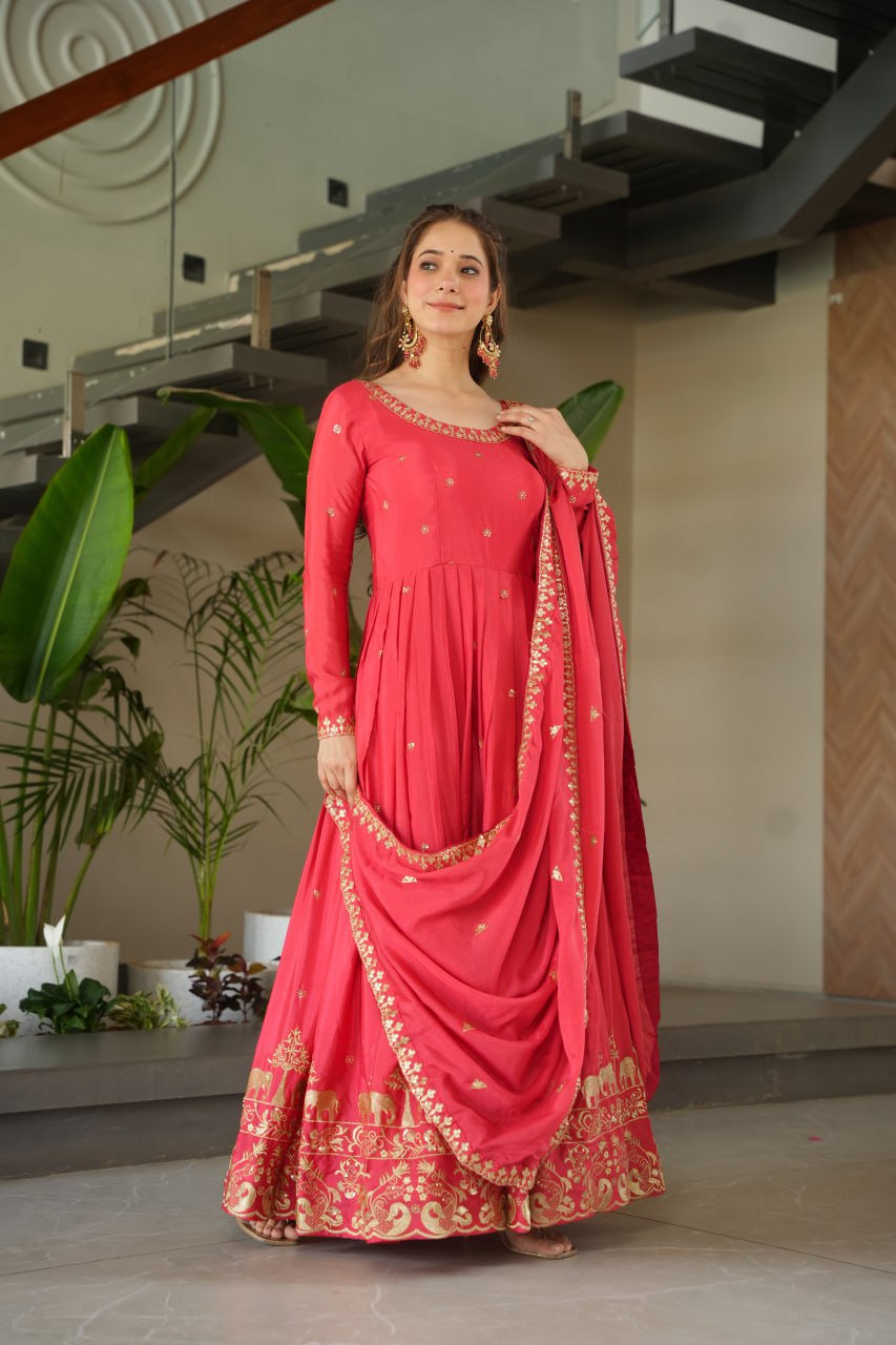 Harvisha Rani Pink Gown Set in premium Chinon Silk with sequin embroidery – ideal Indian ethnic wear for Indian weddings, festive wear, traditional wear, and Indian bride look. Perfect designer gown for online shopping in Indian fashion and clothing trends.
