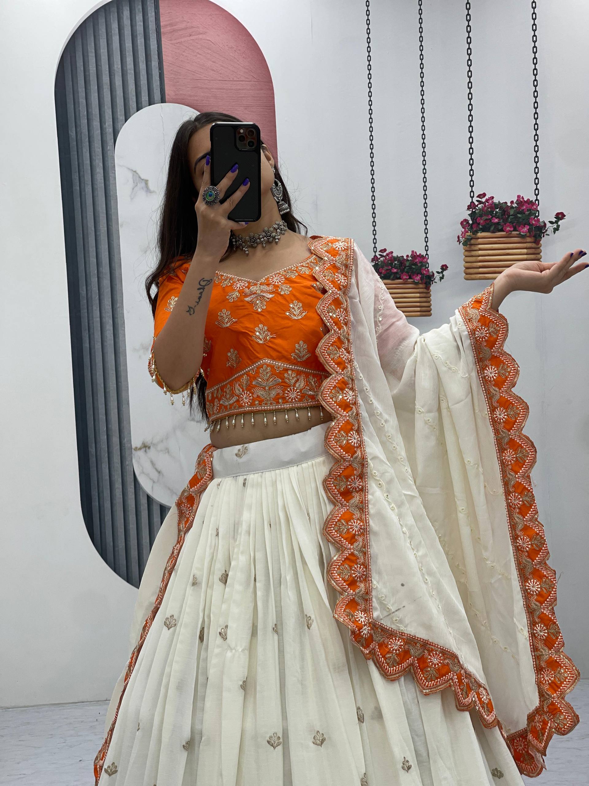 Orange chinon heavy embroidery lehenga choli with dupatta